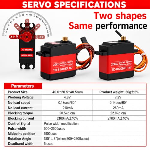 2-Pack TD-8120MG 20kg High Torque 180° Servo Motor | High Torque Full Metal Gear 180 Degree Servo Motor with 25T Metal Servo Arm for 1/8 1/10 Scale RC Car Truck Robot DIY