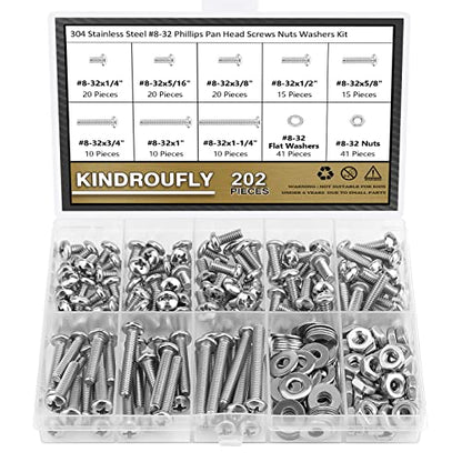 202 Pieces #8-32x 1/4", 5/16", 3/8", 1/2", 5/8", 3/4", 1", 1-1/4", Phillips Pan Head Machine Screws Nuts Washers Assortment Kit, 304 Stainless Steel, Fully Machine Thread - size: #8-32