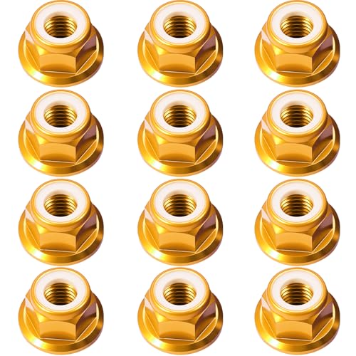 12Pcs M4 Flange Nuts Aluminum, M4-0.7mm Hex Flange Nylon Insert Lock Nuts for 1/10 Scale RC Car Traxxas Slash 4x4 2WD Stampede VXL Rustler VXL HPI Redcat Axial Racing Truck Buggy Crawler Wheels Gold - color: Gold, size: 12Pcs