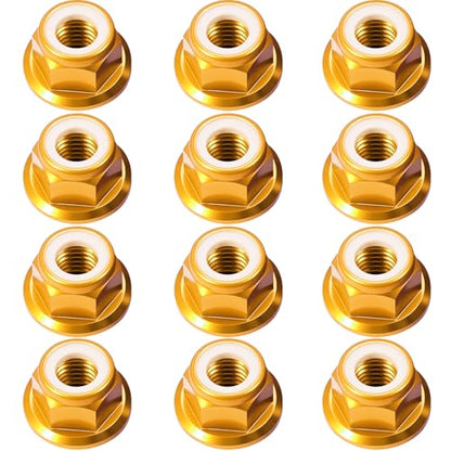 12Pcs M4 Flange Nuts Aluminum, M4-0.7mm Hex Flange Nylon Insert Lock Nuts for 1/10 Scale RC Car Traxxas Slash 4x4 2WD Stampede VXL Rustler VXL HPI Redcat Axial Racing Truck Buggy Crawler Wheels Gold - color: Gold, size: 12Pcs