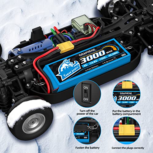 Yowoo 4S 14.8V 3000mAh 150C Graphene LiPo Battery 2-Pack XT60 | Soft case, high discharge. Fits RC airplanes, helicopters, cars, boats, drones & FPV. Adapters for EC3/T/TR/Tamiya available.