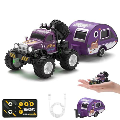 Snugzy Mini RC Car 1:64 Scale RC Truck for Kids with Trailer 2.4Ghz Remote Control Rechargeable RC Cars Toy Gifts for Boys Girls Adult (Purple) - color: Purple