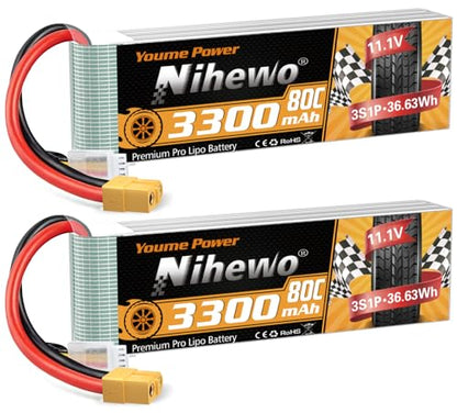 3S Lipo Battery XT60 11.1V 3300mAh 80C 2pcs for RC Truck Drone Boat | 3S Battery 11.1V 3300mAh 80C XT60 Connector Compatible with Axial E-flite RC Plane Helicopter Quadcopter Car Vehicle Models