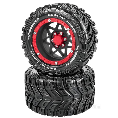 RC Truck Wheel and Tires for 1/16 SUMMIT E-REVO GORGON GROM MINI KRATON M-J-X H-B-X S-C-Y RC Car,Monster Truck Car Wheel Tires w/Plastic Wheels Rim,Soft Tire Highway Wheels (4PCS),Black and Red - color: Black-red(rc Wheels Tires)