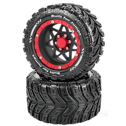 RC Truck Wheel and Tires for 1/16 SUMMIT E-REVO GORGON GROM MINI KRATON M-J-X H-B-X S-C-Y RC Car,Monster Truck Car Wheel Tires w/Plastic Wheels Rim,Soft Tire Highway Wheels (4PCS),Black and Red - color: Black-red(rc Wheels Tires)