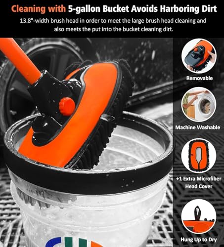 57'' Car Wash Brush with Long Handle Chenille Microfiber Car Wash Kit Mitt Retractable Bent Pole Car Wash Mop for Cars RV Truck Boat (Orange-2) - color: Orange-2