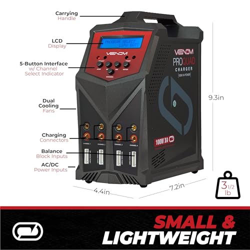 Venom Power - Pro Quad LiPo Battery Fast Charger with LCD Screen - 4 Ports at 100W Each - AC DC 7A Fast NiMH LiHV LiPo Balance Charger Discharger 1S to 6S, Drone, RC Car Battery Charger