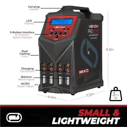 Venom Power - Pro Quad LiPo Battery Fast Charger with LCD Screen - 4 Ports at 100W Each - AC DC 7A Fast NiMH LiHV LiPo Balance Charger Discharger 1S to 6S, Drone, RC Car Battery Charger