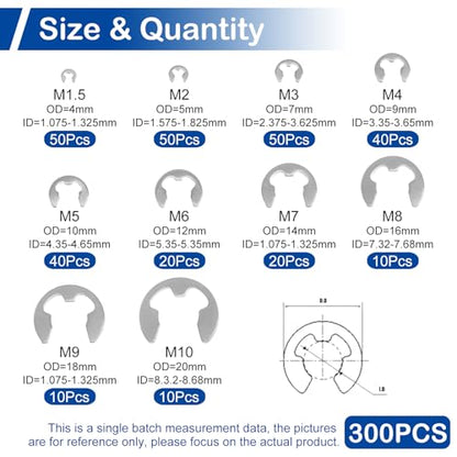 300Pcs Stainless Steel E-Clip Assortment Kit, 10 Sizes M1.5 - M10 | External Circlip Snap Rings Retaining Clips Set for Bearings, Gears, Pulleys, Axles