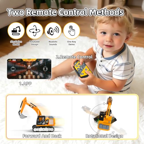 1/64 Remote Control Excavator, 2.4G RC Mini Construction Toys Birthday Gift | Remote Control Cranes,Mini Rechargeable Truck,2 in 1 Transform Lift Fork & Hook, w Sound Light, Toy RC Construction Vehicles - style: excavator