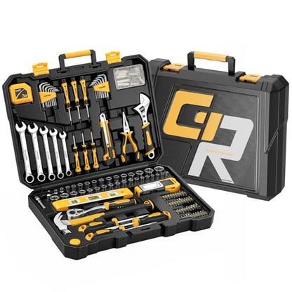 GRENPRO 219PCS Basic Home Auto Mechanic Hand Tool Kit with Storage Tool Box | Portable Tool Box, CR-V Steel, Complete Kit, Anti-Drop Slots, Household DIY, Auto Motorcycle, Home Garage For Men & Women - style: Yellow Hand Tool Set 219PC