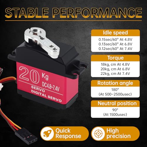 2 Pack 20KG RC Servo High Torque Servo Motors, Full Metal Gear Steering Servo with 25T Servo Horn for 1/8 1/10 RC Car Robot DIY, Control Angle 180°(20KG Control Angle 180°)