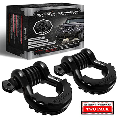 AUTMATCH 3/4" D Ring Shackles (2-Pack) - 41,887 lbs Break Strength | Heavy Duty Clevis Shackle with 7/8" Pin & Isolator Washer Kit for Tow Strap, Winch, Towing & Off-Road Vehicle Recovery, Black - color: Black