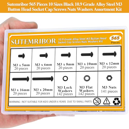 565 Pieces M3 Screws Nuts Washers Set Black, Sutemribor M3 x 5/6/8/10/12/16/20mm Button Head Socket Cap Screws Nuts Washers Assortment Kit, 10.9 Grade Alloy Steel, Fully Threaded - size: M3, style: Button Head Socket Cap