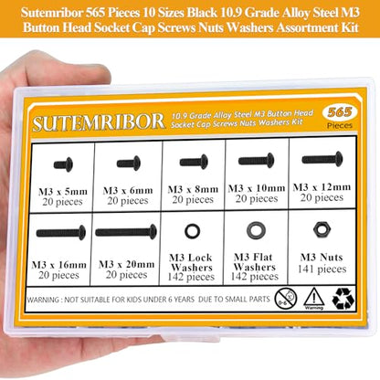 565 Pieces M3 Screws Nuts Washers Set Black, Sutemribor M3 x 5/6/8/10/12/16/20mm Button Head Socket Cap Screws Nuts Washers Assortment Kit, 10.9 Grade Alloy Steel, Fully Threaded - size: M3, style: Button Head Socket Cap