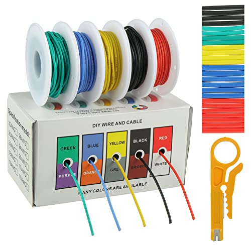 BOJACK 20 AWG Flexible Silicone Wire Electric Wire Hook up Wire Kit 300V Cables with Plus 20 φ3mm Heat Shrink Tubings and a Mini Wire Stripper(5 Colors 19.69Ft Each Color, 20AWG) - size: 20 AWG Silikondraht