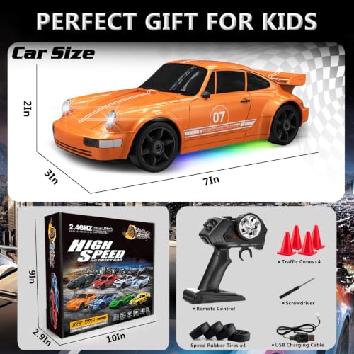RC Drift Car 1:24 Remote Control Car 4WD 15KM/H High Speed Racing Sport Car with LED Lights RC Cars Toy for Kids Boys Girls Adults Gifts Birthday Christmas - color: Orange