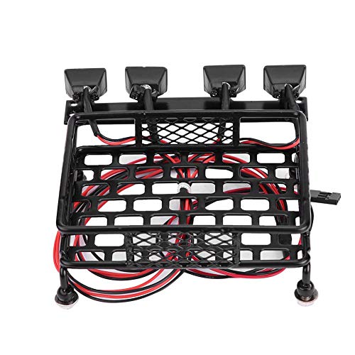 RC Car Roof Rack, Small Size Roof Rack Luggage Carrier with 4 Quadrate LED Lights for Axial SCX10 1/10 Remote Control Crawler Car(4 White Light Color)