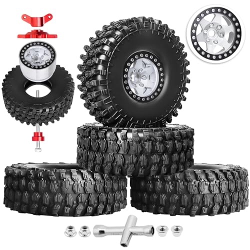 Hobbypark 1.9 Beadlock Wheels and Tires 120mm / 4.72inch Height and Mounting Install Tool for 1/10 RC Crawler with Foam Inserts,Set of 4 (Silver&Black) - color: Silver&black