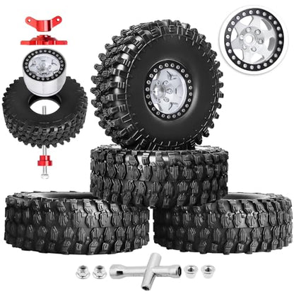Hobbypark 1.9 Beadlock Wheels and Tires 120mm / 4.72inch Height and Mounting Install Tool for 1/10 RC Crawler with Foam Inserts,Set of 4 (Silver&Black) - color: Silver&black