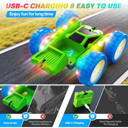 Remote Control Car, 360° Flips Rotating RC Stunt Car with USB-C Charge Modular Battery, 4WD RC Cars with LED Lights Strips, All Terrain RC Truck Toys for Kids 3+ Year Old Boys Christmas Birthday Gift - color: Blue & Green