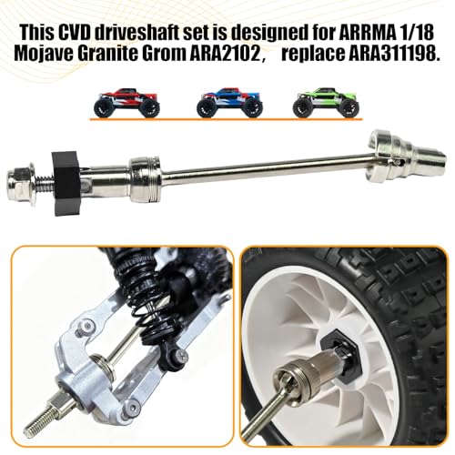 Hardened Steel CVD Driveshaft Front Rear with Hexs, Nuts, Drive Center Cup, Drivershaft Dogbone CVD Compatible with ARRMA 1/18 Mojave Granite GROM ARA2102, Replace #ARA311198 (Silver,Black) - color: Silver-black