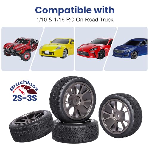 GoHooby 2.55in Rubber Tires&12mm Hex Wheel Rims Pre-Mounted Set, Compatible with Traxxas Tamiya 1/10 RC On-Road Touring Car (Color 1) - color: Color 1