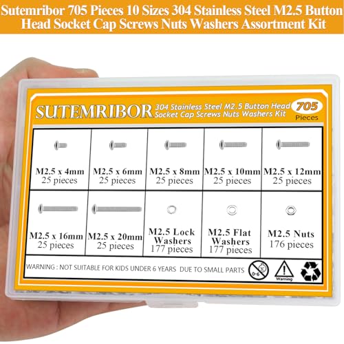 705 Pieces M2.5 Screws Nuts Washers Set, Sutemribor M2.5 x 4/6/8/10/12/16/20mm Button Head Socket Cap Screws Nuts Washers Assortment Kit, 304 Stainless Steel, Fully Threaded - size: M2.5 Screws Kit, style: Button Head
