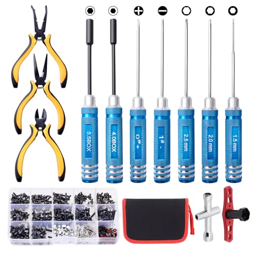 RC Car Tool Kit - Screwdriver Set (Flat/Phillips/Hex/Nut), Screws Kit, Pliers, Wrench, Repair Tools for 1/8 1/10 RC Cars, Compatible with Traxxas Arrma Axial Redcat