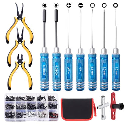 RC Car Tool Kit - Screwdriver Set (Flat/Phillips/Hex/Nut), Screws Kit, Pliers, Wrench, Repair Tools for 1/8 1/10 RC Cars, Compatible with Traxxas Arrma Axial Redcat
