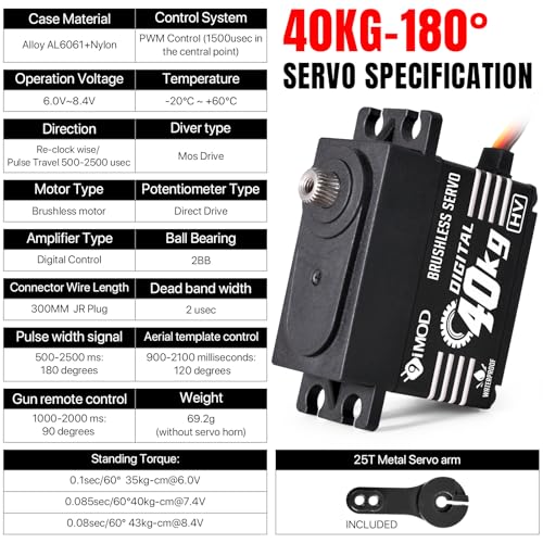 1/10 RC Crawler Servo 40KG Brushless High Torque Servo 8.4V HV Metal Gear Digital Waterproof Servo for 1/8 1/10 1/12 Scale RC Crawler Truck Cars Buggy Robotic, 180 Degree RC Steering Servo
