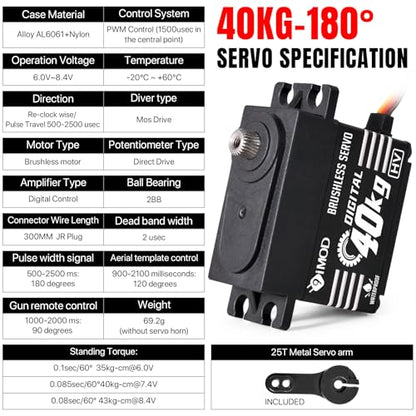 1/10 RC Crawler Servo 40KG Brushless High Torque Servo 8.4V HV Metal Gear Digital Waterproof Servo for 1/8 1/10 1/12 Scale RC Crawler Truck Cars Buggy Robotic, 180 Degree RC Steering Servo