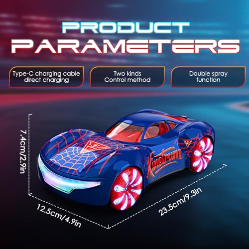 Remote Control Car, 2.4Ghz Spider-Themed 360° Spin, Sideways Movement, Dual Spray, Auto Demo, Adjustable Volume & LED Lights RC Cars for Boys Age 8-12 Gift for Girls Kids Birthday Christmas - color: Blue