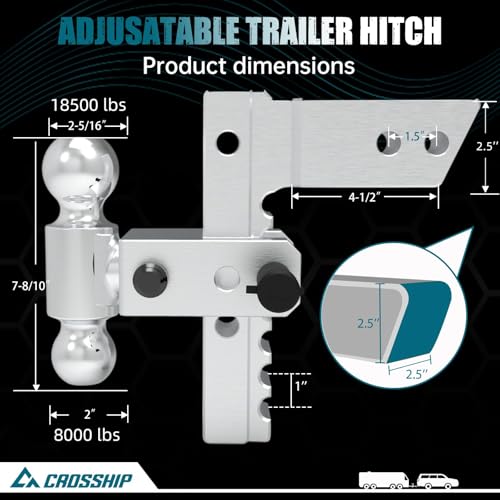 Adjustable Trailer Hitch - Heavy Duty Aluminum Drop Drawbar Hitch - Fits 2.5" Receiver, 8" Drop/Rise with 2" & 2-5/16" Solid Dual Balls 18,500 LBS GTW- for Truck, SUV, RV - color: Silver, size: 2.5" 8 Drop-Dual Ball