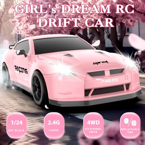 RC Drift Car, 1/24 Pink Remote Control Car for Girls, 2.4GHz 4WD High Speed Drifting RC Cars with LED Light and Drift Tires, Racing Toy Cars for Kids Adults Girl Boys, Pink - color: D.pink