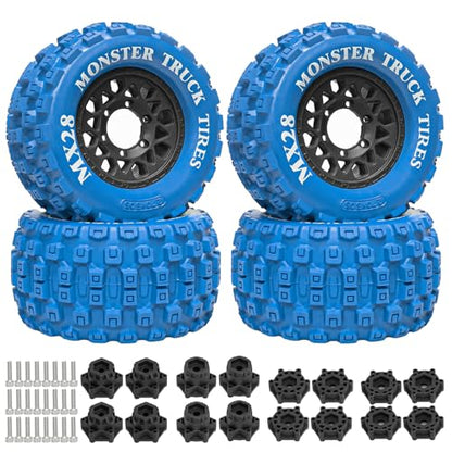 LRFHL MX28 F/R 2.8" RC Monster Truck Tires and Wheels 4PCS, Blue | 12mm/14mm Hex Adapter, 1/10 RC Monster Truck, Compatible with Traxxas Stampede Rustler Redcat Arrma Vorteks Big Rock Granite - color: Blue Tires+ Black Wheel-6