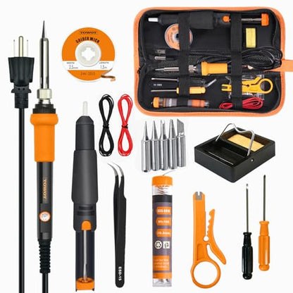 TOWOT Soldering Iron Kit, Electronic Soldering Iron 60W Adjustable Temperature, Deoldering Pump, Tin Wire, Solder Wick, Tweezers, Soldering Iron Tips Set, Soldering Iron Stand, Wire Strippers - style: Set A