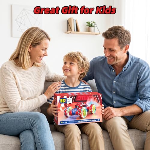 VisionX RC Stunt Car, 4WD 360° Rotating Gesture Sensing Remote Control | Outdoor Cars Toys for Ages 6-12, Double‑Sided with Lights, Music & Spray, 2 Replaceable Batteries - color: Red-spider