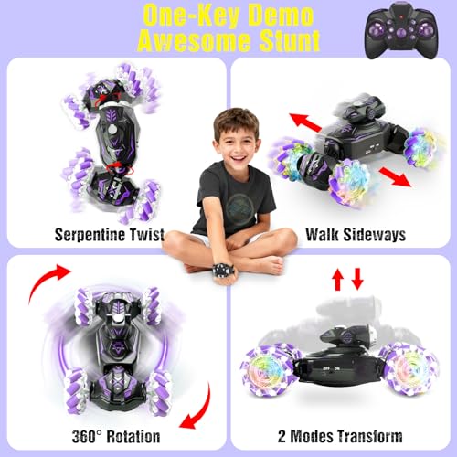 Gesture Sensing Remote Control Car, RC Cars Toys for Boys Age 6-12, 4WD Hand Controlled Twist & Transform 360° Spins Stunt Car with Mist, Light & Music, 8-10 Year Old Boys Birthday Gift Purple - color: Purple