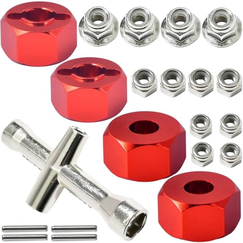12mm Hex Wheel Hubs w/Axle Pins M4 Flange Lock Nut Standard M3 M4 Nut 5mm Thickness Aluminum Wheel Drive Adapter Replacement of 1654 for RC Traxxas 1/10 Slash 4x4, Stampede 4WD - color: Red