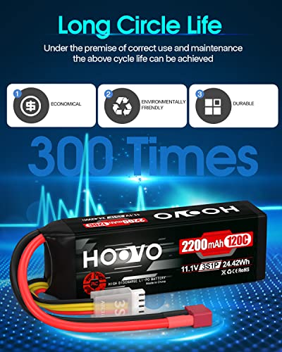 HOOVO 3S 11.1V Lipo Battery 2200mAh 120C RC Battery with T Connector for RC Truggy RC Truck RC Airplane Helicopter Drone (2 Pack)