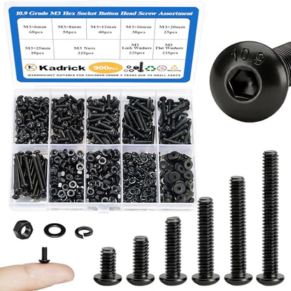 KADRICK 900Pcs M3 Screw Kit,Hex Socket Button Head M3 Bolts Length 6mm-25mm | M3 Screw Assortment,M3 Screws with Nuts Washers,Class 10.9 Alloy Steel,Black Oxide Finish - size: M3 900Pcs 6-25mm