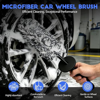 wuyaoyao Microfiber Car Wheel Brush, Car Wheel Cleaning Brush with Ergonomic Handle, Soft Rim Cleaner Wash Brushes, Non Scratch & Highly Water Absorption, Automotive Cleaning Supplies (Black, 1 PCS) - color: Black, 1 PCS