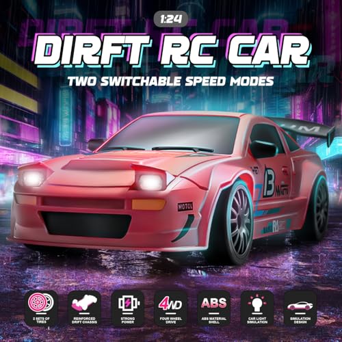 RC Drift Car,1:24 Scale Remote Control Cars Vehicle for Kids, 2.4GHz 20KM/H 4WD High Speed RC Cars with LED Light Two Batteries & Drifting Tires Racing Sport Toy Car for Adults Boys Girls S812-Red - style: S812-red