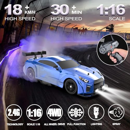 Remote Control Car RC Drift Car 1:16 Scale 4WD 18KM/H High Speed Model Vehicle 2.4GHz with LED Lights Spray Rubber Tire Racing Sport Toy for Adults Boys Girls Kids Gift 2Pcs Rechargeable Batteries - color: C-blue