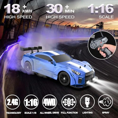 Remote Control Car RC Drift Car 1:16 Scale 4WD 18KM/H High Speed Model Vehicle 2.4GHz with LED Lights Spray Rubber Tire Racing Sport Toy for Adults Boys Girls Kids Gift 2Pcs Rechargeable Batteries - color: C-blue