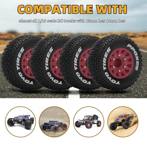12mm/14mm/17mm Hex RC Wheels and Tires RC Truck Tires 1/10 Scale Tyres Detachable Replacement RC Car Tires for Arrma Senton Tires Slash Tires Axial Redcat Rc4wd Hex Fury (Red) - color: Red