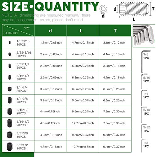 Keadic 236Pcs Internal Hex Drive Cup-Point Screws Assortment Kit, 10 Sizes Alloy Steel Hex Socket Set Cap Point Grub Screws, Socket Head Cap Screws Grub Screws, Black (1/8" to 3/8") - style: 236pcs SAE 10 Sizes Cup Point Set Screw kit