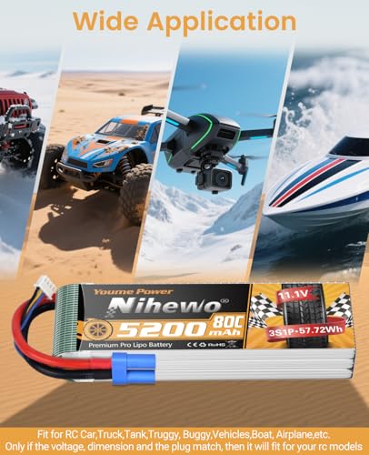 3S Lipo Battery EC5 5200mAh 11.1V 80C Softcase for RC Car Drone 2pcs | 3S Lipo Battery 11.1V 5200mAh EC5 Soft Case for 1/8 1/10 RC Cars Truck Buggy Boat Drone, Longer Runtime, Stable Power Output