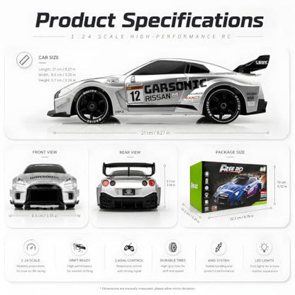 RC Drift Car, 1:24 Scale Remote Control Vehicle with LED Lights,Drifting Tires＆Two Batteries, Racing Sports Toy Idea Gift for Adults Boys Girls and Kids - color: Silver